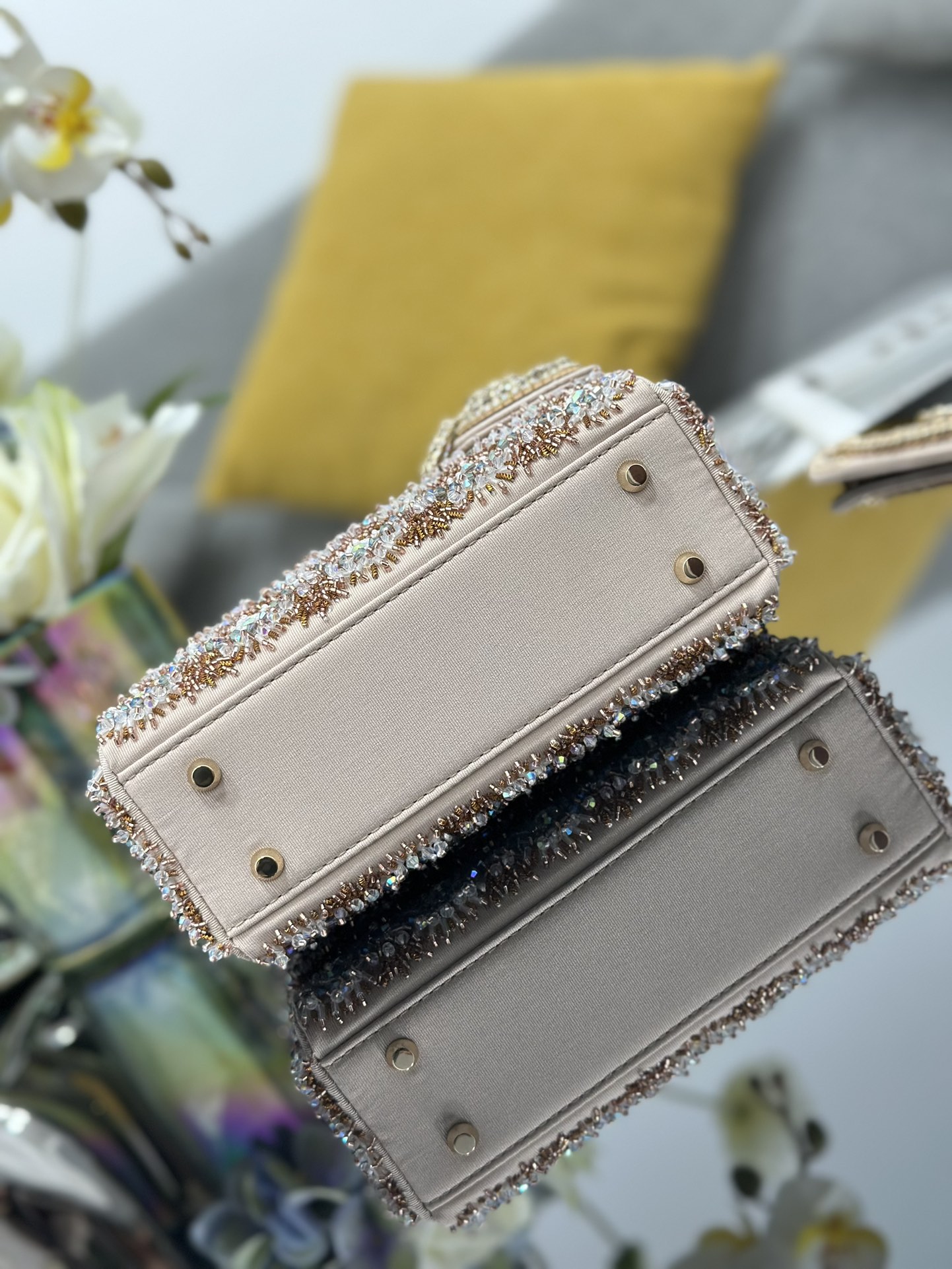 Mini Lady Dior Bag Beige Satin Embroidered with Bead Diamond